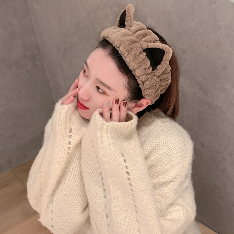 Cute Cat Ears Headband Women's Face Wash Mask Headband Simple All-Match Korean Style Plush Headband Internet Celebrity 2022