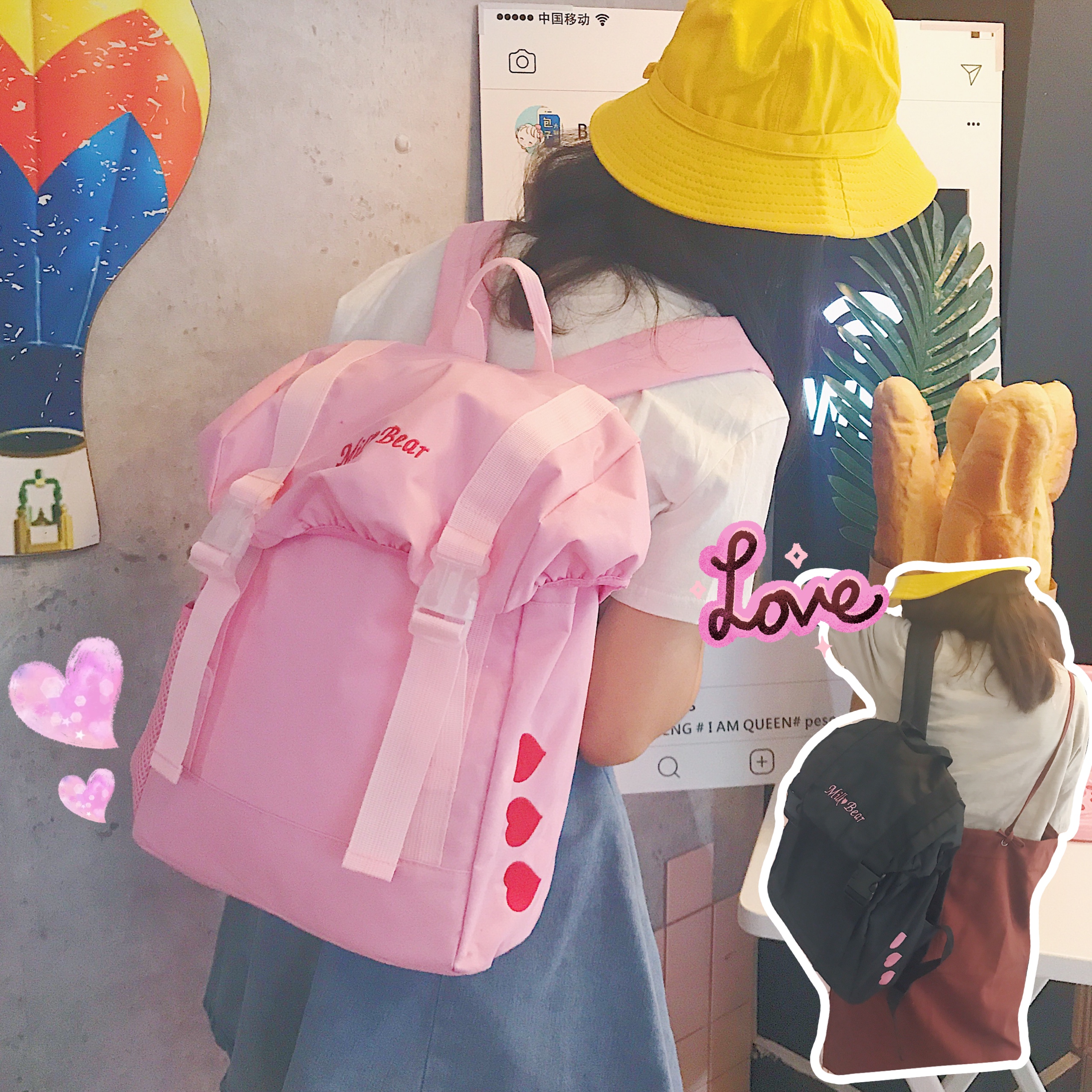 日系软妹学院风字母爱心刺绣双肩包女学生大容量韩版书包情侣背包