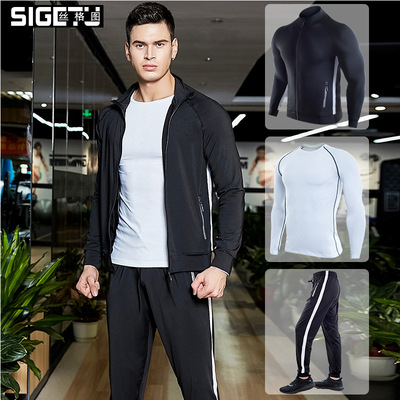 标题优化:丝格图男式健身套装运动服三件套跑步训练长袖外套热卖