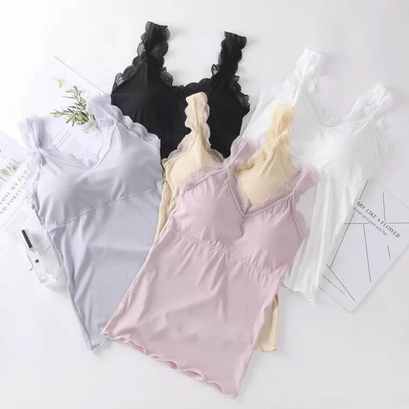Summer Thin Sexy Ice Silk Long Lace Camisole Detachable Chest Pad Outer Wear Inner Anti-Exposure Sleeping Underwear