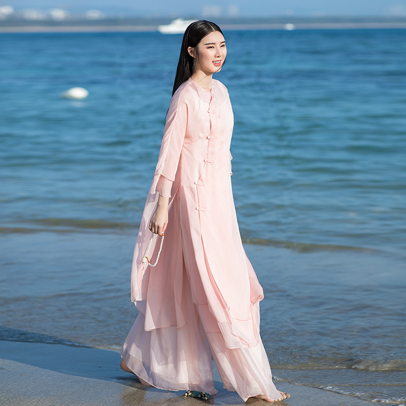 Summer Chinese Zen Women's Improved Hanfu Cheongsam Chiffon Dress Set Chinese Style Two-piece Tea Service