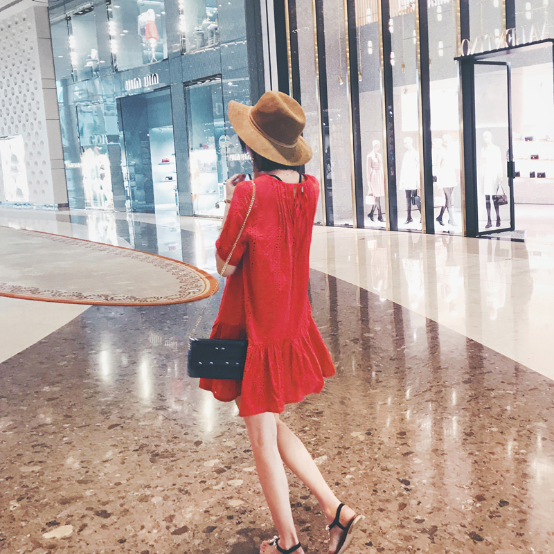2017夏季新款韓版顯瘦小個子chic寬松娃娃裙子紅色荷葉邊連衣裙女