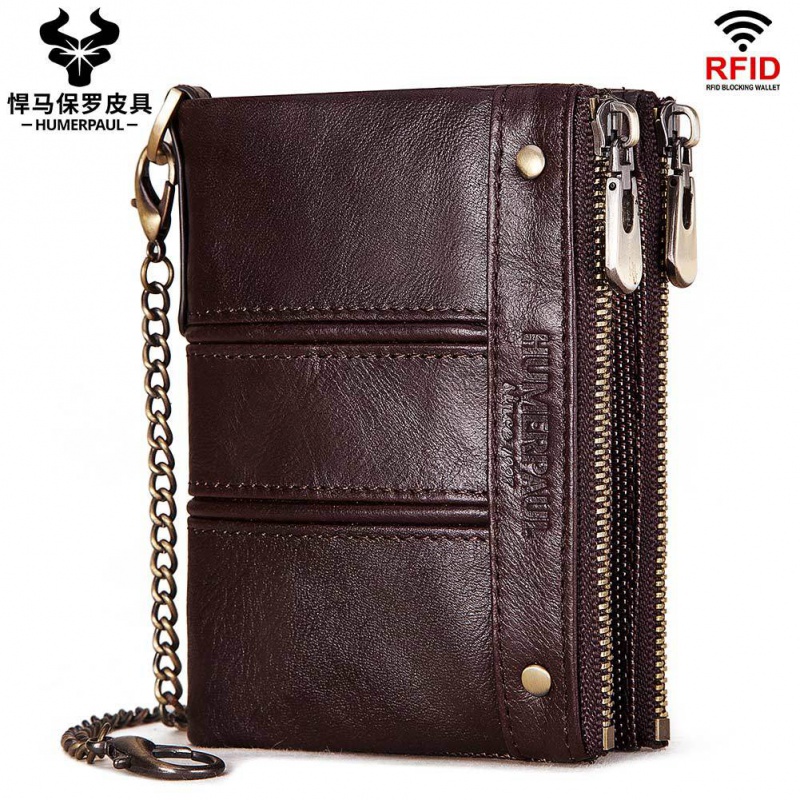 Men Wallets Genuine Leather RFID Blocking Wallet Hasp Zipper