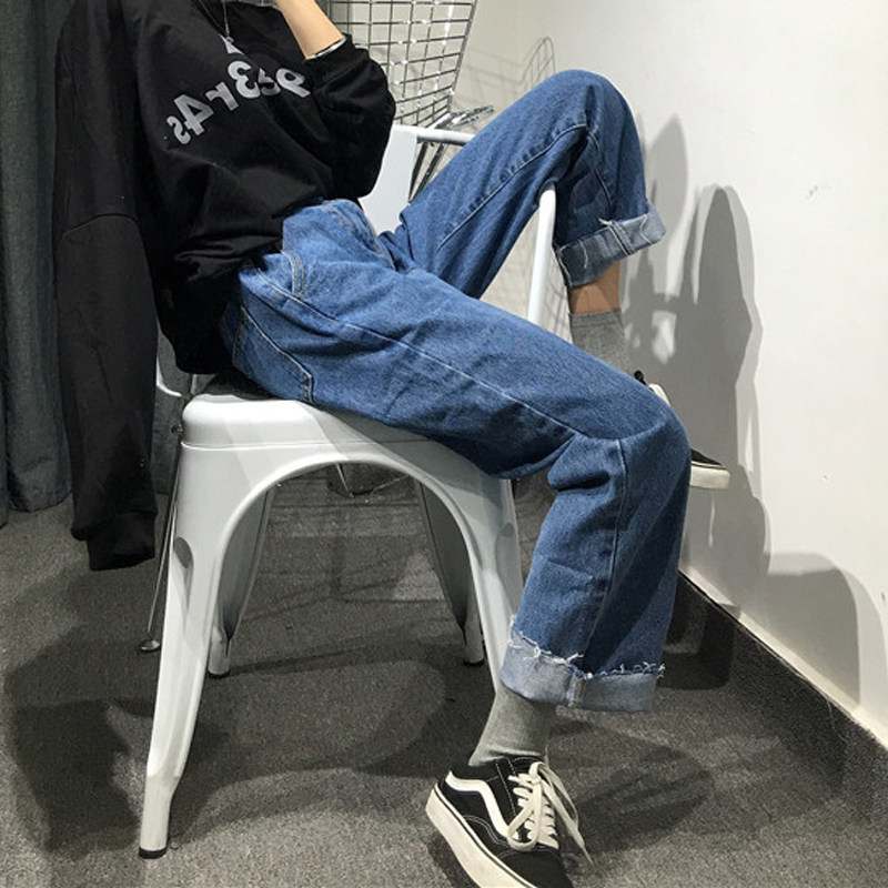 時尚女裝褲子chic韓版高腰寬松顯瘦水洗毛邊牛仔褲學生百搭闊腿褲