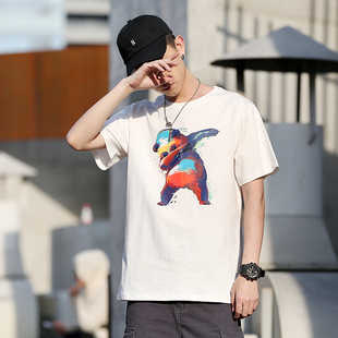 DUMB潮流夏季创意动感彩色熊猫印花短袖日系嘻哈复古T恤男士宽松t