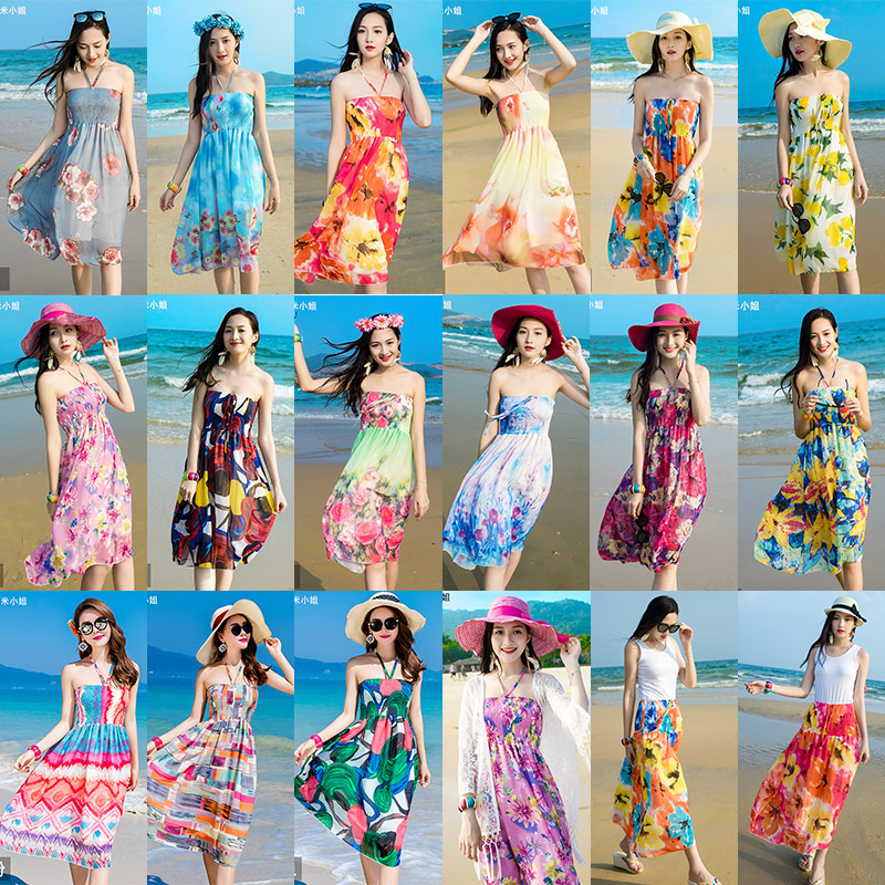 沙滩裙女新款海边度假2017夏装雪纺中长款显瘦抹胸波西米亚连衣裙