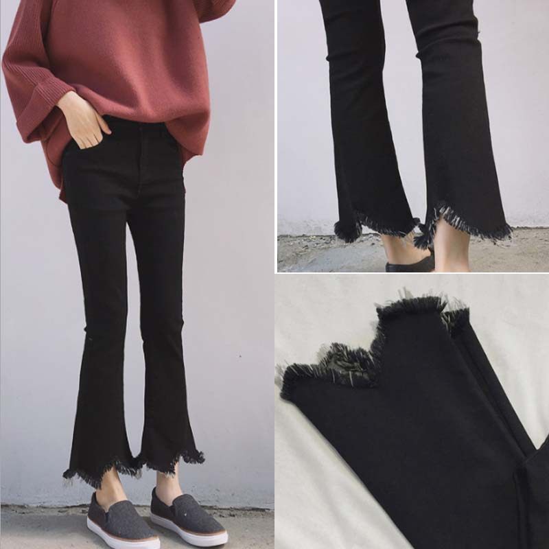 黑色牛仔喇叭褲女春夏2017新款九分褲韓版微喇褲女流蘇闊腿牛仔褲