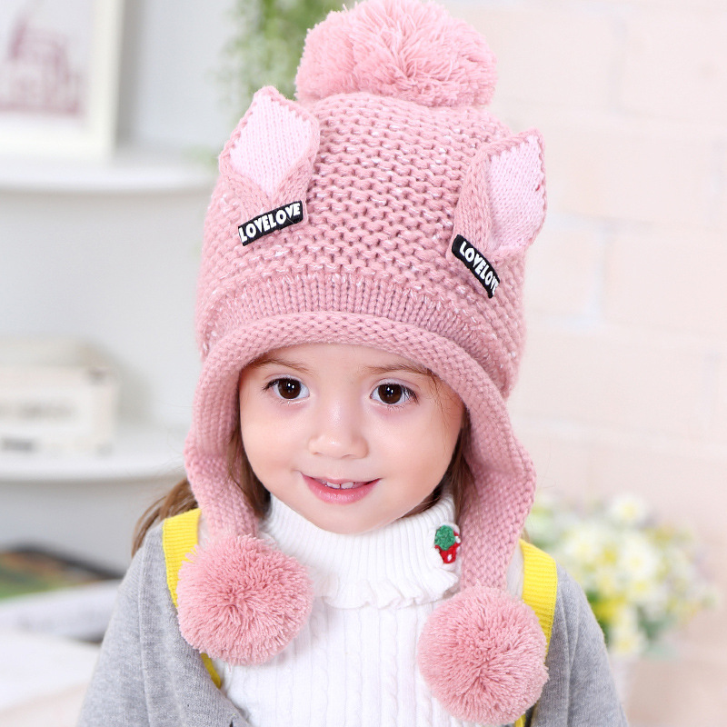 女寶寶帽子秋鼕1-2-3-5歲兒童保暖加絨護耳帽韓版女童公主毛線帽