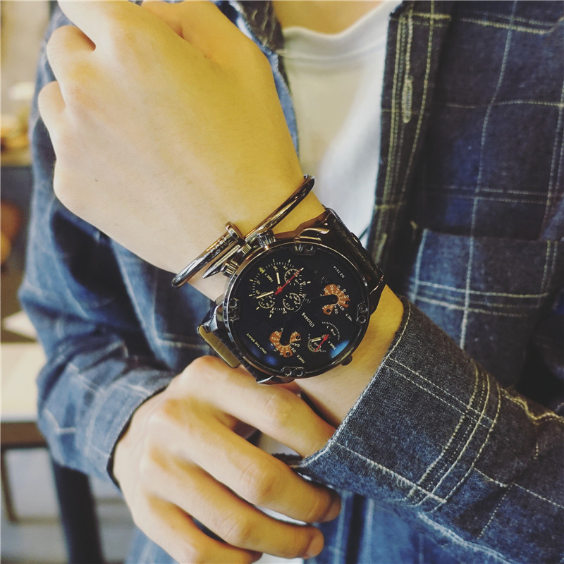 手表男学生韩版时尚潮流复古皮带非机械军工超大表盘双机芯石英表