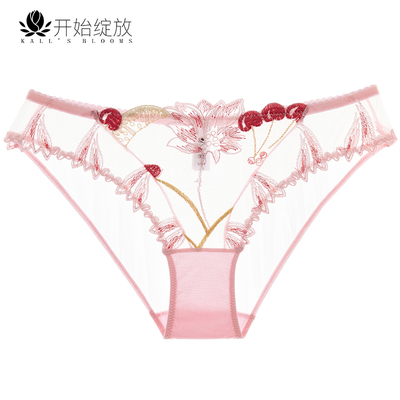 夏季性感网纱刺绣蕾丝女士三角内裤低腰大码火辣透视诱惑裤头粉色-淘宝网