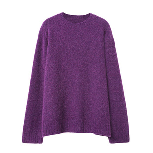 ROCO紫色羊驼绒慵懒风宽松大毛衣春季羊毛衫百搭套头针织衫春秋