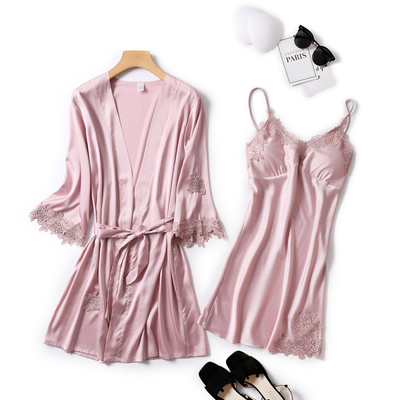 睡衣女夏冰丝性感宽松蕾丝吊带睡裙真丝情趣两件套带胸垫丝绸睡袍-淘宝网