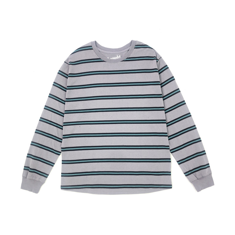 เสื้อยืด 元旦欧美风oversize条纹圆领长袖T恤  