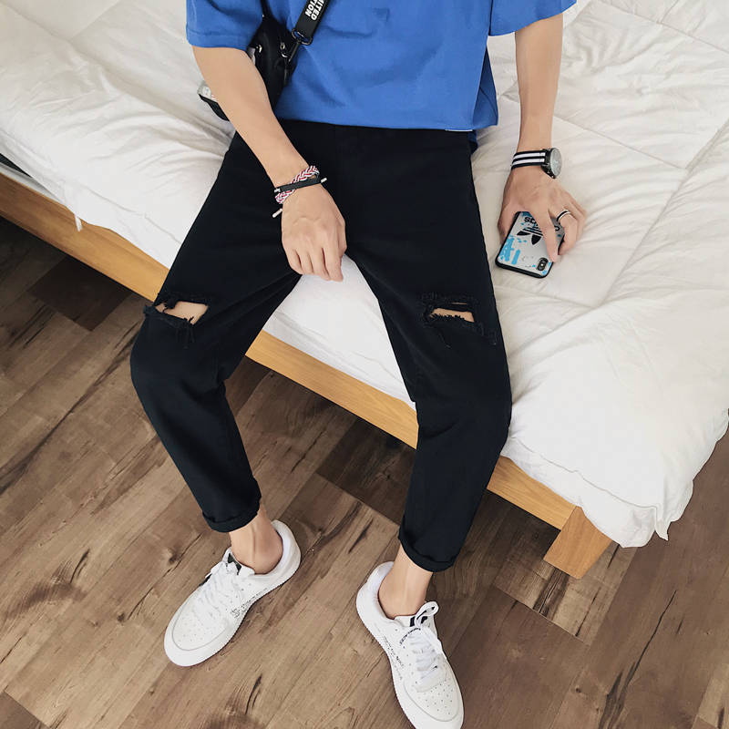@littéraires hommes de l'2019 de l'été hommes nouveaux jeans relaxed tapered recadrée pantalons version coréenne de la tendance du pantalon déchiré @littéraires hommes de l'2019 de l'été hommes nouveaux jeans relaxed tapered recadrée pantalons version coréenne de la tendance du pantalon déchiré