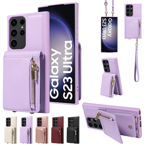 Business Leather Zipper Coin Card Holder Wallet Crossbody Lanyard Strap S23, S23 Plus, S23 Ultra, S22, S22 Plus, S22 Ultra