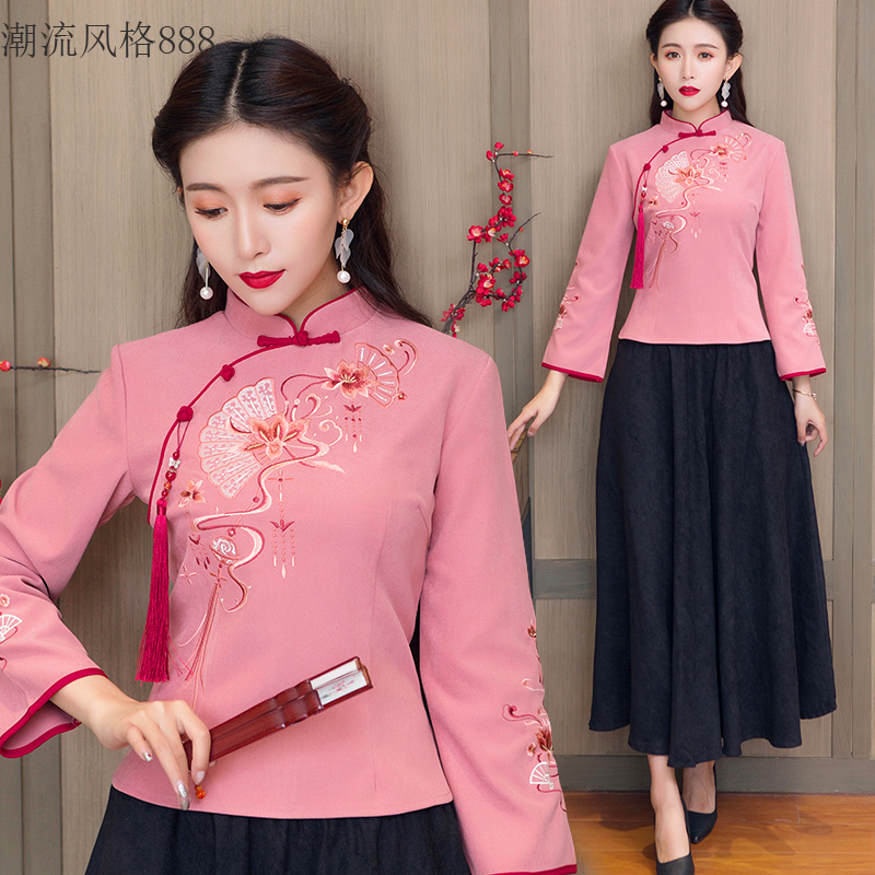 Republic of China style women's retro embroidery Tang suit tops long sleeve cheongsam two-piece improved Hanfu autumn and winter tea art clothing