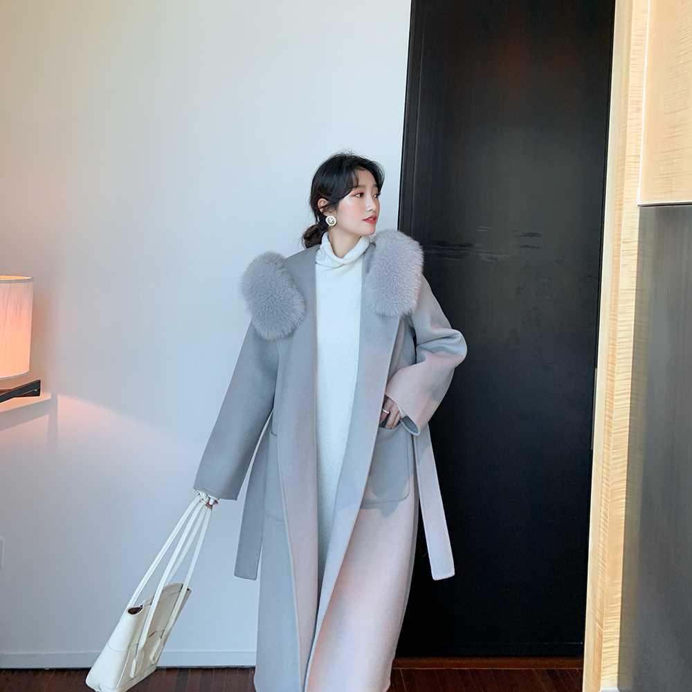 The gentle temperament hooded double-sided woolen coat at the beginning of the snow, mid-length large fur collar woolen coat for women winter anna home