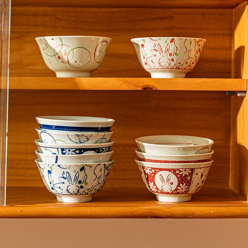 rabbit year gift ceramic rabbit rice bowl household japanese bowl and dish 5 tableware set
