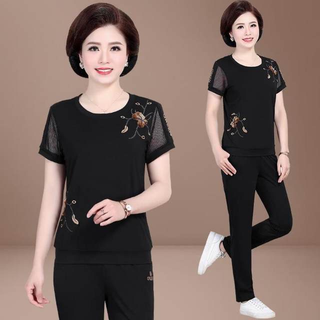 Middle-aged women mother dress short-sleeved summer sports suit female summer casual wear two-piece dress middle-aged female summer Middle-aged women mother dress short-sleeved summer sports suit female summer casual wear two-piece dress middle-aged female summer