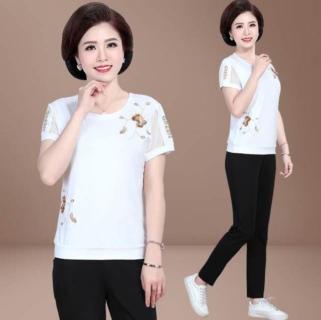Middle-aged women mother dress short-sleeved summer sports suit female summer casual wear two-piece dress middle-aged female summer Middle-aged women mother dress short-sleeved summer sports suit female summer casual wear two-piece dress middle-aged female summer