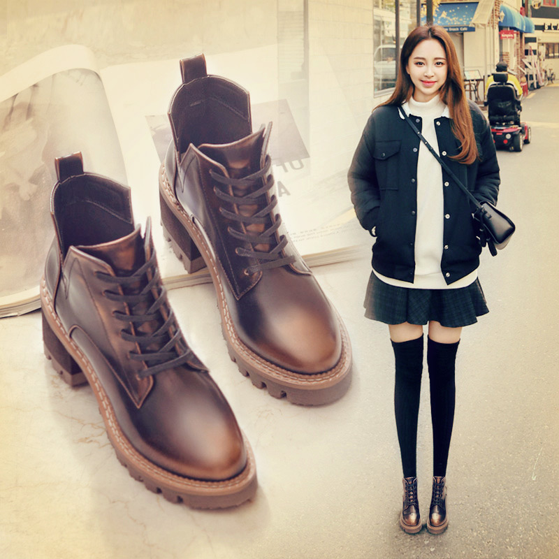 2017春秋新款韓版短靴女高跟馬丁靴學生繫帶女靴粗跟鼕鞋短筒靴子