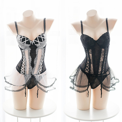 1件包邮 透明蕾丝马甲紧身钢托聚拢蓬松下摆透视俏皮公主风两件套-淘宝网