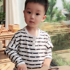 2018新款秋装薄款男童条纹长袖T恤儿童打底衫中小童自制纯棉上衣