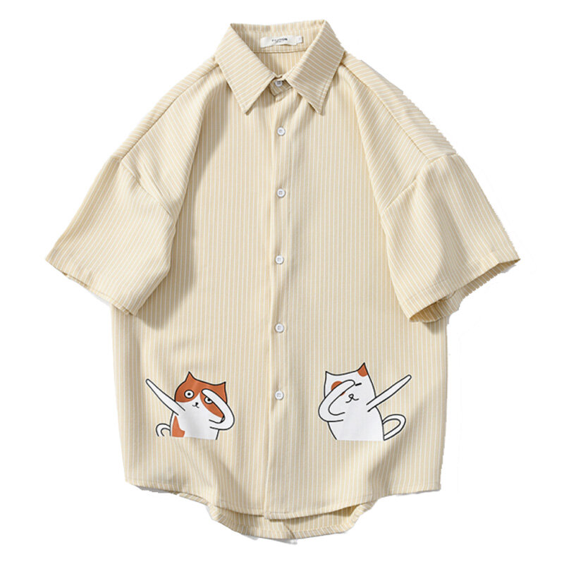 Summer New Hong Kong Windy Japanese cartoon printed striped shirt for men, very fairy blouse, lazy draped chiffon shirt