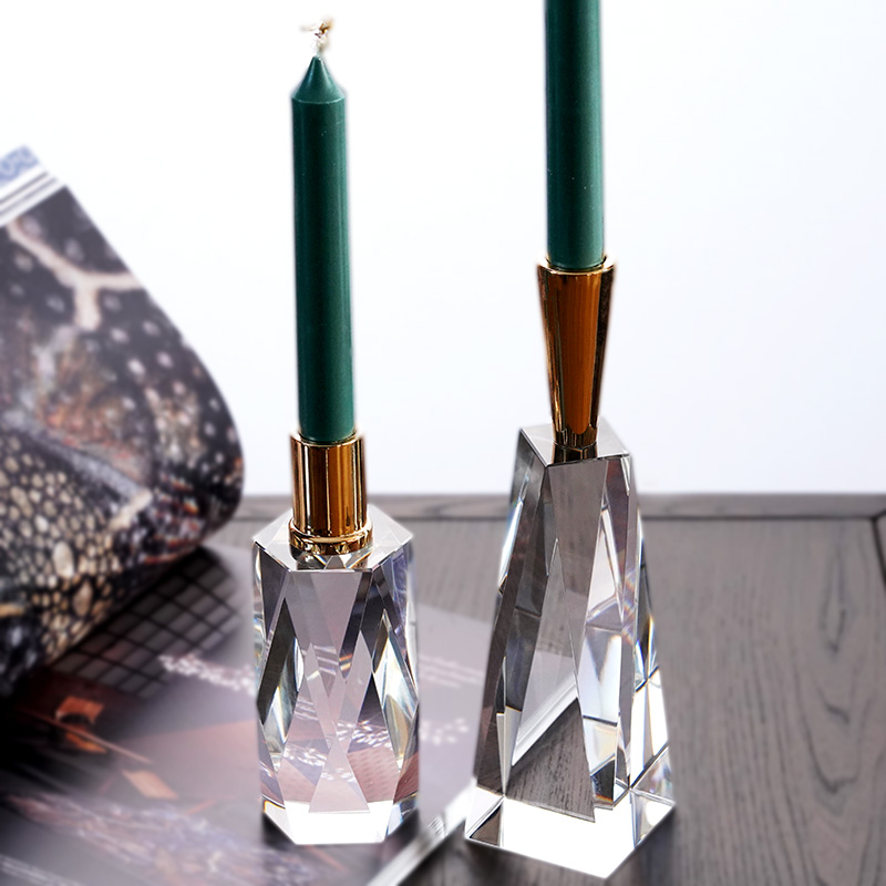 Nordic Modern Fashion Simple Multilateral Crystal Glass Metal Mouth Candlestick Diamond Cutting Light Luxury Candle Holder Decoration