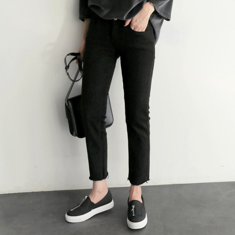 2017秋季新款韓版黑色高腰牛仔褲女九分褲彈力修身顯瘦毛邊直筒褲