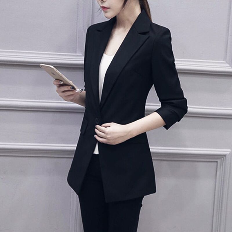 秋鼕新款自制氣質黑色小西裝中長款修身韓版時尚OL職業西服外套女