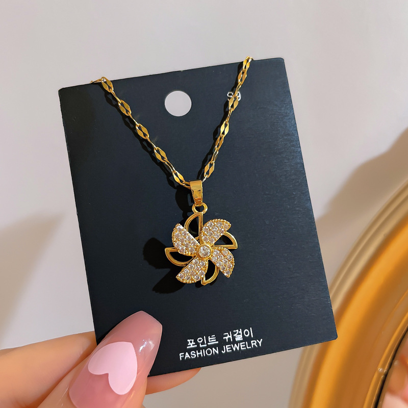 [Titanium Steel] Rotatable Little Windmill Necklace Female Light Luxury Minority Clavicle Chain Copper Micro Inlay Rotating Necklace Accessories