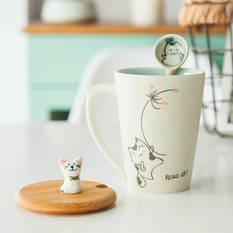 卡通手绘情侣个性水杯 创意陶瓷马克杯子带盖带勺情人节 可爱猫咪
