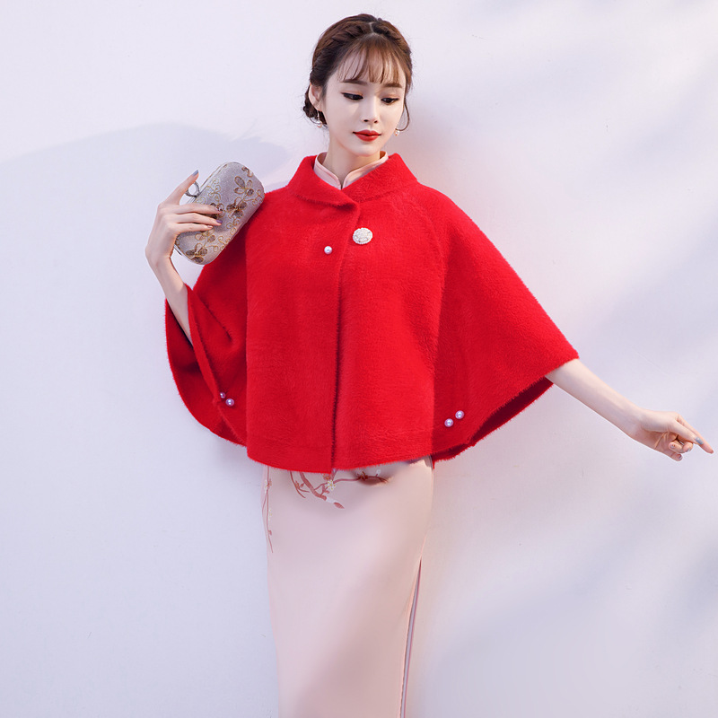 robe châle élégant en fausse fourrure de vison dans la manche, tous les jours de l'hiver cheongsam robe de mariage à l'extérieur de la balade chaudes de laine châle rouge robe châle élégant en fausse fourrure de vison dans la manche, tous les jours de l'hiver cheongsam robe de mariage à l'extérieur de la balade chaudes de laine châle rouge