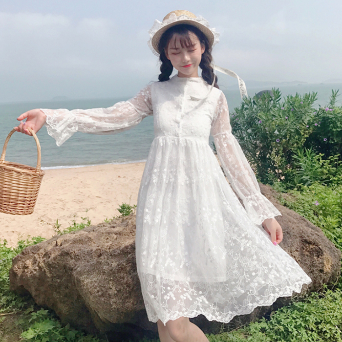 2017秋裝新款女裝韓版甜美刺繡蕾絲白色裙子顯瘦中長款連衣裙學生