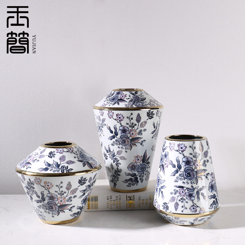 European Entry Lux Blue and White Porcelain Ceramic Vase Decoration High-Grade Model Room Hotel Homestay Living Room Dining Table Flower Ware