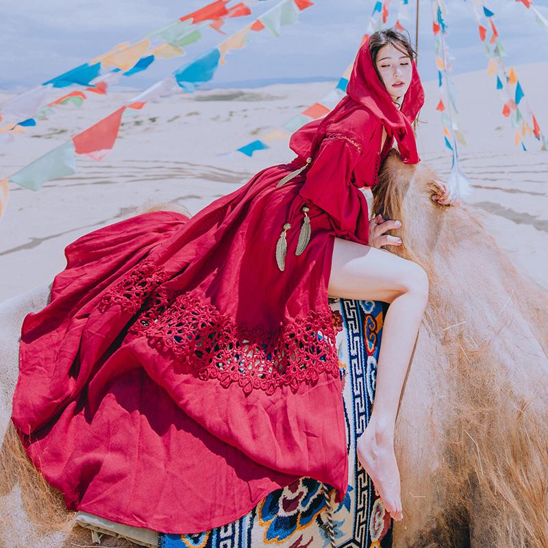 西藏青海湖沙漠旅遊復古大擺長裙子秋裝民族風紅色棉麻連衣裙長袖
