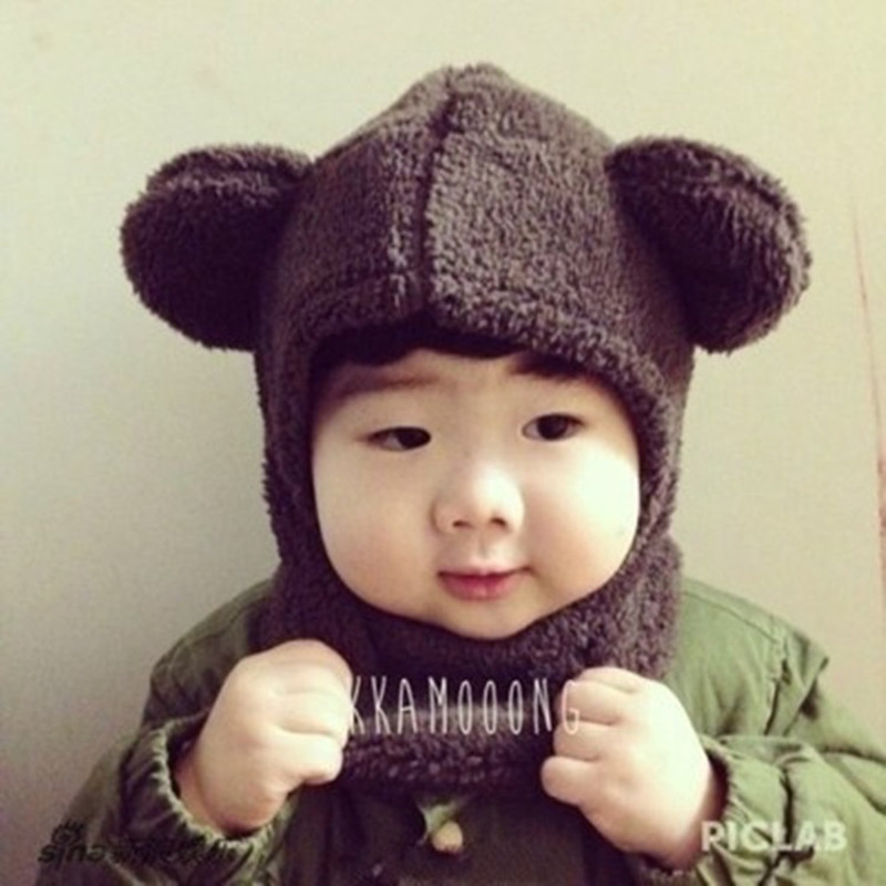 秋鼕韓國可愛兒童加厚保暖護耳套頭男童女寶寶毛絨圍巾帽子一體潮