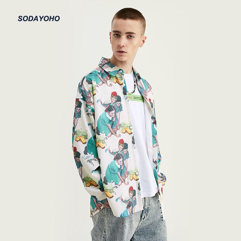 SODAYOHO American loose oil painting print long-sleeved shirt Hong Kong flavor Japanese retro drape couple hip-hop trend