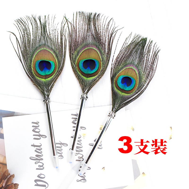 3 PCs Mini Peacock Bristle Black Ballpoint Pen Feather Pen Creative Stationery Student Art Youth Decorative Pen