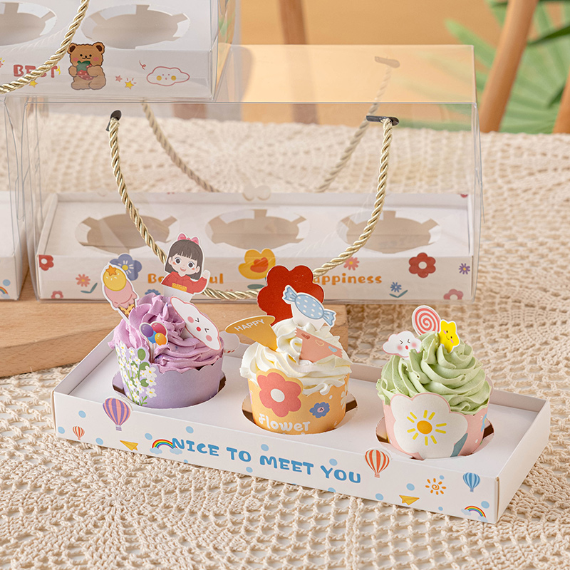 Children's Paper Cup Cake Packing Box Portable Transparent Cup Box 3 Tablets Muffin Cup to-Go Box Birthday