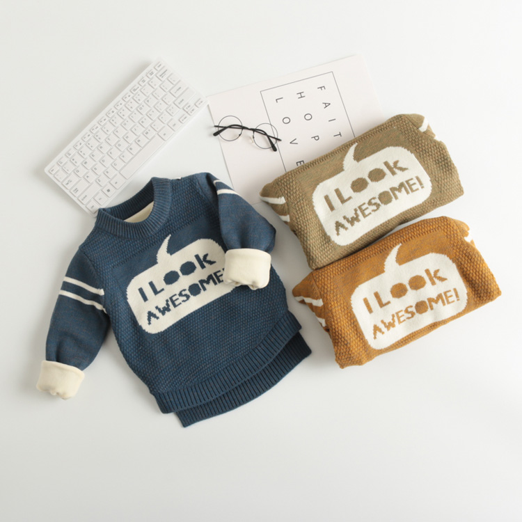男童毛衣鼕裝加絨圓領男寶寶針織衫套頭打底衫0-1-2-3歲4羊毛衫潮