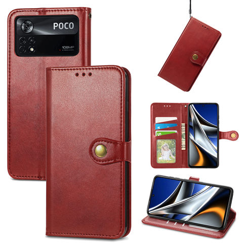 POCO M4 Pro Wallets Folio Flip Rivet Magnetic Synthetic Leather Card Holder Folding Stand Phone Case