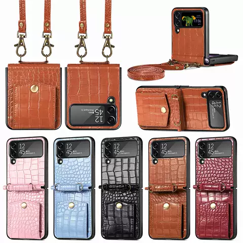 For Girls Crocodile Pattern Galaxy Z Flip4 Phone Cases Covers F7210 Lanyard Strap Crocodile Card Holder