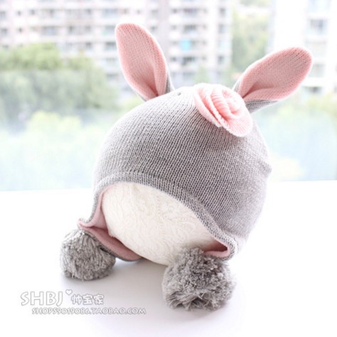 韓版嬰兒帽子秋鼕女寶寶可愛兔耳朵毛球帽女童針織棉線保暖護耳帽