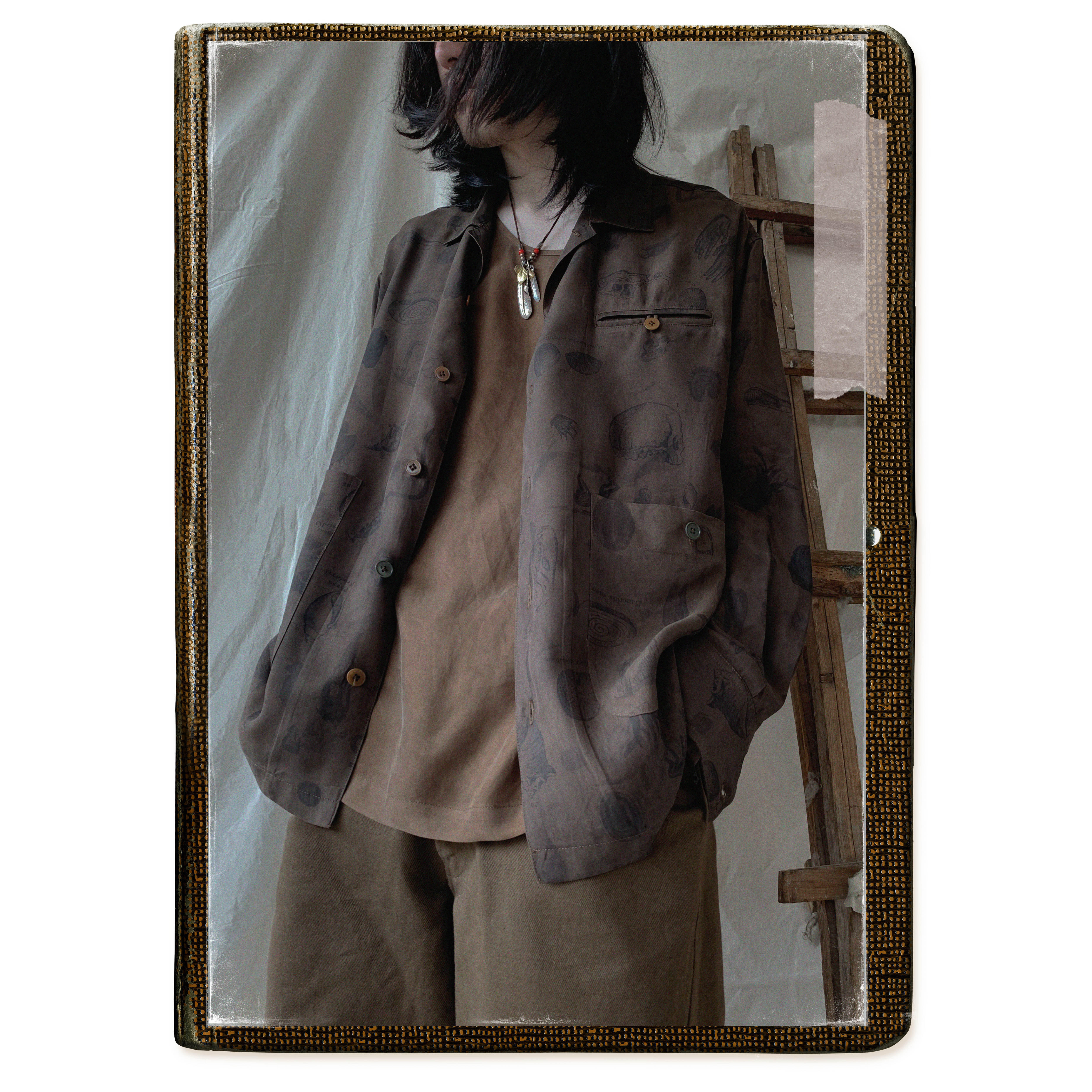 1533 | Antique printed silk long-sleeved shirt spring and summer loose drape Japanese original retro shirt trend
