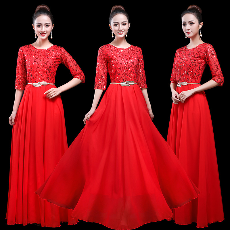 2019 new cantata performance costume female long skirt, Chinese style adult chorus performance costume sequin dress