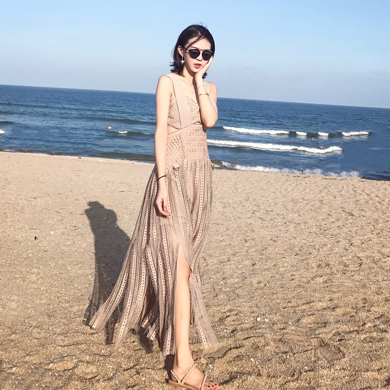 泰國2017女港味連衣裙裸色蕾絲拼接背帶復古旅遊度假沙灘流蘇長裙