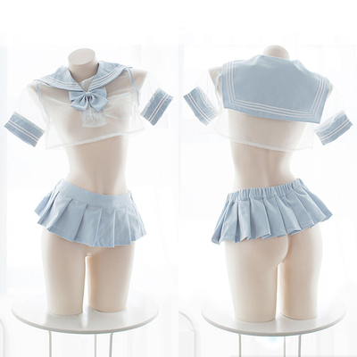 七了个三 浅蓝制服全透明超短水手服百褶裙领结三件套工口制服套-淘宝网