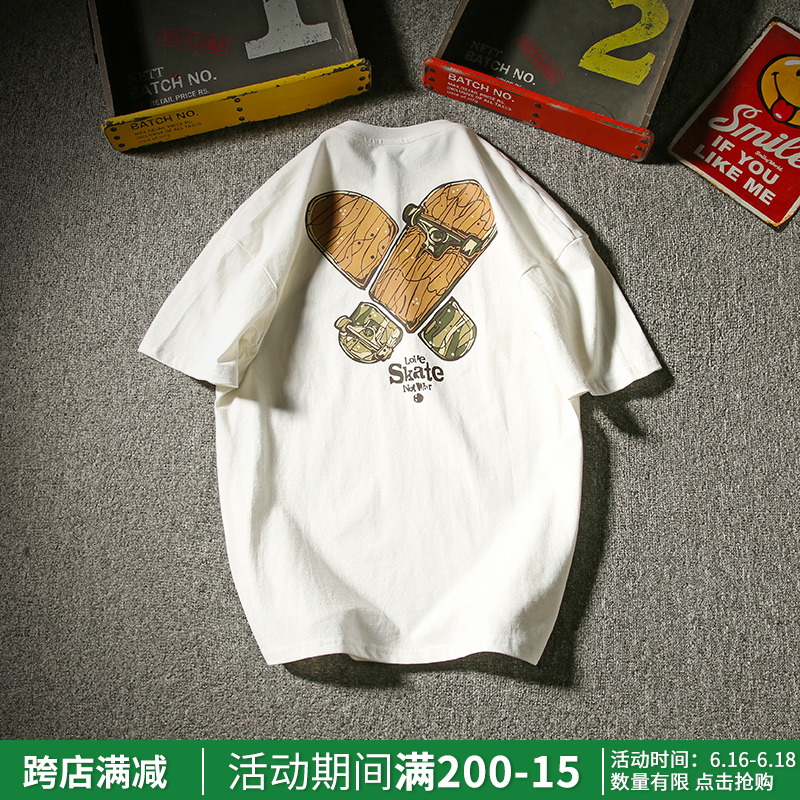 xu luo qi de l'été américain rétro marée marque d'impression à manches courtes pour hommes col rond marée demi manche cinquième couple de manche de t-shirt marée xu luo qi de l'été américain rétro marée marque d'impression à manches courtes pour hommes col rond marée demi manche cinquième couple de manche de t-shirt marée